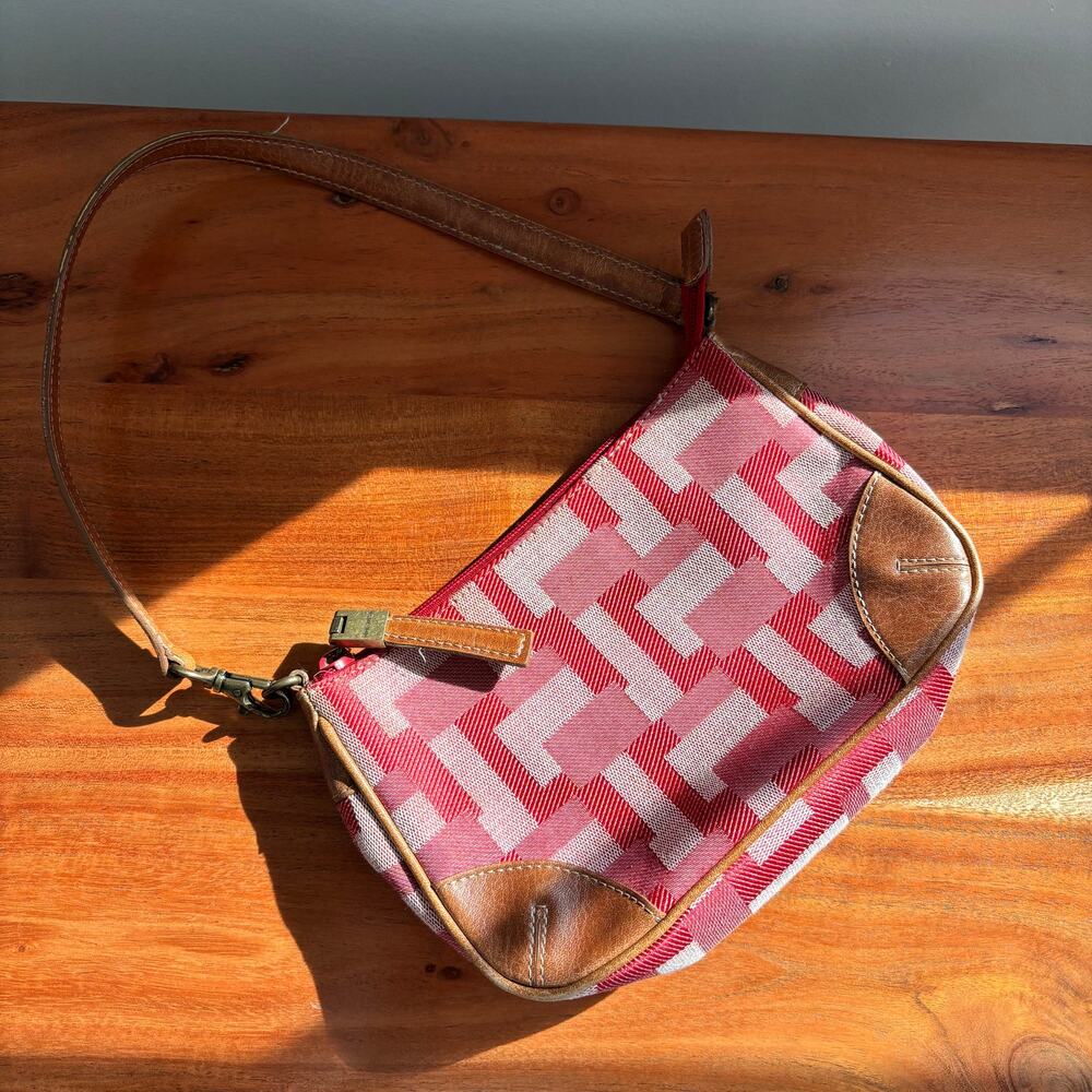 Y2K Vintage Nine West Cloth Handbag Geometric Red Pink Tan Leather Trim Small